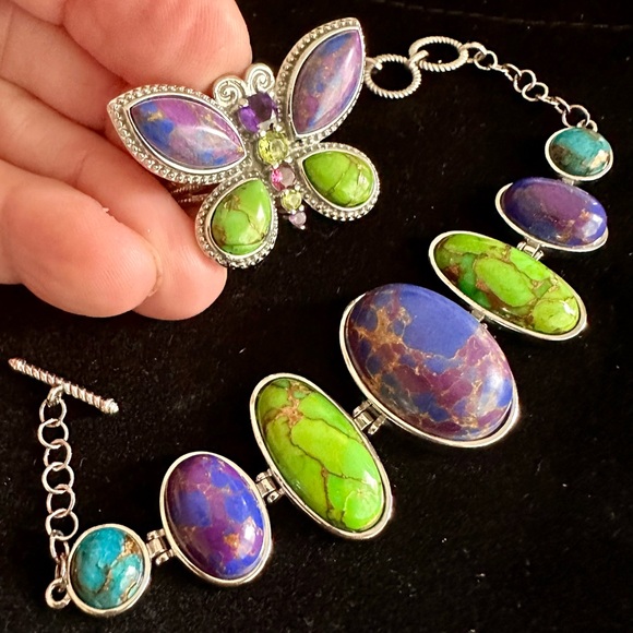 Mojave Turquoise Purple/Green/Blue Bracelet & Matching Butterfly Ring (Sz 7) NWT - Picture 1 of 16